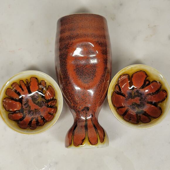 Vintage Ceramic Sake Set Brown Floral Motif Glazed Carafe Cups 3 Piece Set - Picture 15 of 16